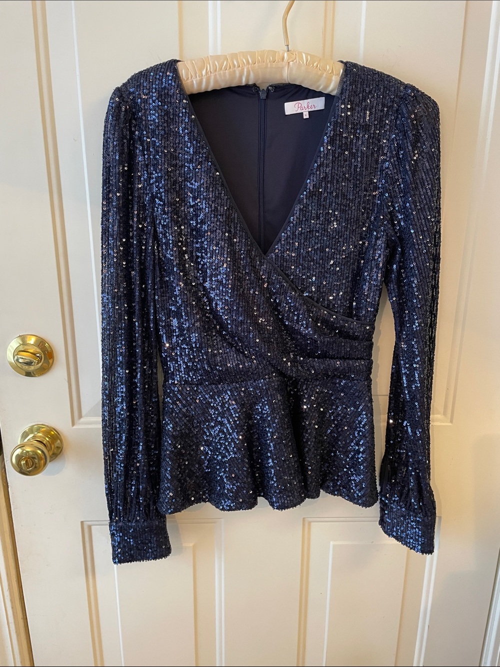 Parker Deep Blue  Sequin Faux Wrap Peplum Top Evening Festive Party